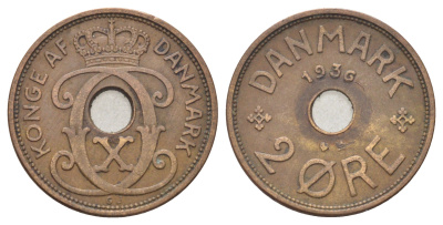 Дания 2 эре 1936 N, Кристиан X (1912-1947) KM 827 бронза 4701-836