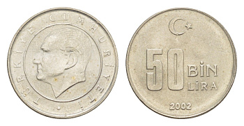 Турция 50000 лир 2002 Кемаль Ататюрк KM 1105 медь цинк нкиель 39-834