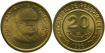 Перу 20 сентимо 1986 LIMA KM 294, Schon 95 латунь 4541-647