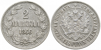 Россия для Финляндии 2 марки 1866 S, Александр II (1855-1881) KM 7.1, Биткин 618 серебро 443-642