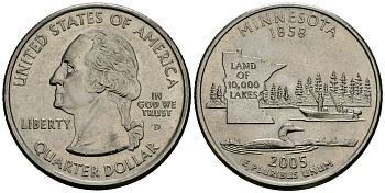 США 25 центов = квотер 2005 D, серия штаты США, Миннесота KM 371 медь плакированный медно-никелем 4138-1015