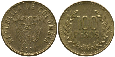 Колумбия 100 песо 2007 KM 285.2, Restrepo 445.8 латунь 4538-1257