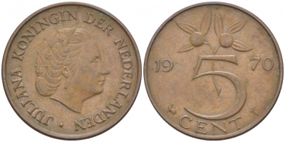 НИДЕРЛАНДЫ 5 ЦЕНТОВ 1970 ЮЛИАНА KM 181 бронза 214-823