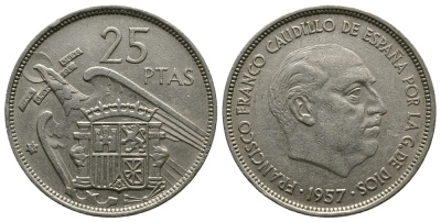 ИСПАНИЯ 25 ПЕСЕТ 1957 (70) ФРАНСИСКО ФРАНКО ДИКТАТОР ИСПАНИИ (1939-1975) KM 787 медно-никель 89-1152