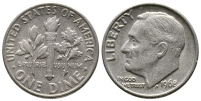 США 10 ЦЕНТОВ = 1 ДАЙМ 1968 РУЗВЕЛЬТ KM 195а медь плакированная медно-никелем 177-1435