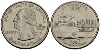 США 25 центов = квотер 2005 D, серия штаты США, Миннесота KM 371 медь плакированный медно-никелем 4138-1015