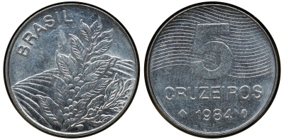 БРАЗИЛИЯ 5 КРУЗЕЙРО 1984 КОФЕ KM 591 сталь aUNC 72-944