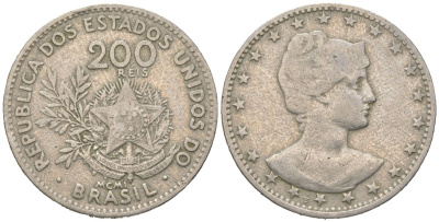 Бразилия 200 реалов 1901 MCMI, голова свободы вправо KM 504 медно-никель 4612-321