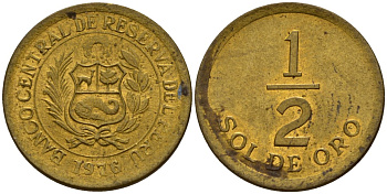 Перу 1/2 соля 1976 KM 265 латунь 4158-733