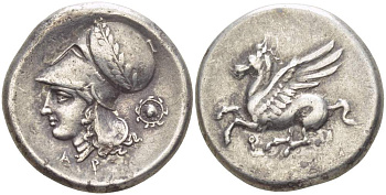 Коринфия, Коринф статер 386-307 гг. до н.э. летящий Пегас / голова Афины в коринфском шлеме, увенчанном лавровым венком. справа эгида, вес 8,48 г Ravel, 1009 серебро 00-821-52