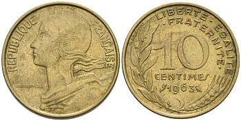 Франция 10 сантимов 1963 ТИП MORLON KM 929, Le Franc 144.3 медь алюминий никель 4567-131