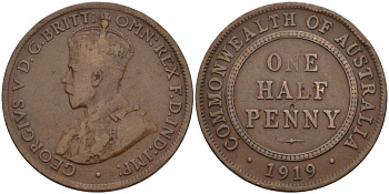 АВСТРАЛИЯ 1/2 ПЕННИ 1919 ГЕОРГ V KM 22 бронза 67-1215