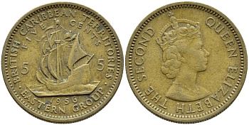 Британские Восточно-Карибские территории 5 центов 1956 Елизавета II (1952-2022), парусник KM 4 никель латунь 4390-135