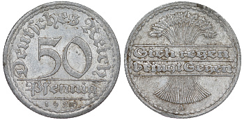 Германия 50 пфеннигов 1920 A KM 27, J. 301 алюминий 4163-622