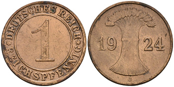 Германия 1 рейхспфенниг 1924 J KM 37, J. 313 бронза 4516-521