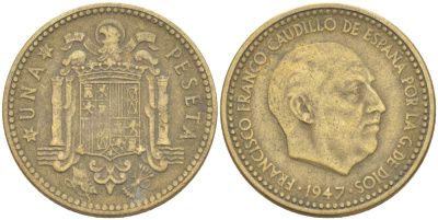 Испания 1 песета 1947 (53) Франсиско Франко (1939-1975) KM 775 алюминиевая бронза 216-542