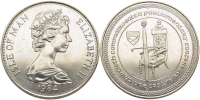 Остров Мэн 1 крона 1984 30 ЛЕТ ПАРЛАМЕНТСКОЙ КОНФЕРЕНЦИИ СТРАН БРИТАНСКОГО СОДРУЖЕСТВА, ТРОН И МЕЧ KM 131 медно-никель UNC 107-731