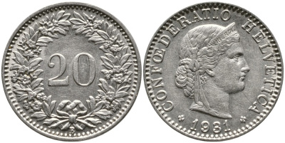 Швейцария 20 раппенов 1931 B KM 29 никель     4539-626
