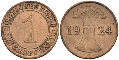 Германия 1 рейхспфенниг 1924 J KM 37, J. 313 бронза 4516-521