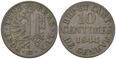 Швейцария, кантон Женева 10 сантимов 1844  KM 128, HMZ 2-366b серебро    4584-112
