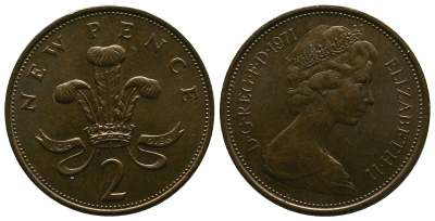 Великобритания 2 пенса 1971 Елизавета II (1952-2022) KM 916, Spink 4235 (C1) бронза 4384-746