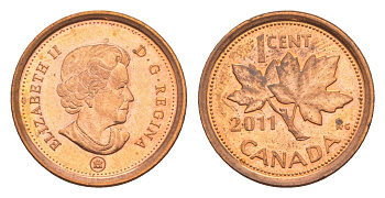 Канада 1 цент 2011 Leaf KM 490 цинк плакированный медью UNC 4636-554