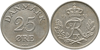Дания 25 эре 1952 N; S, Фредерик IX (1947-1972) KM 842 медно-никель 28-1115