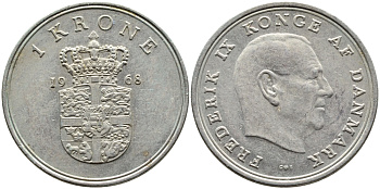 ДАНИЯ 1 КРОНА 1968 C; S, ФРЕДЕРИК IX (1947-1972) KM 851.1 медно-никель 4391-1243