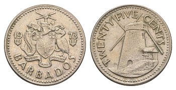 Барбадос 25 центов 1973 ветряная мельница Моргана Льюиса KM 13 медно-никель 4637-221