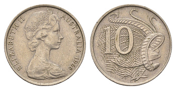 Австралия 10 центов 1966 Елизавета II (1952-2022), птица лирахвост KM 65 медно-никель 4671-956
