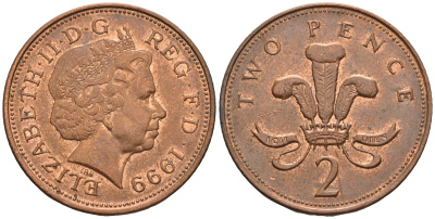 Великобритания 2 пенса 1999 Елизавета II (1952-2022) KM 987, Spink 4690 (C5) сталь плакированная медью 177-736