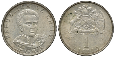 Чили 1 эскудо 1971 Хосе Мигель Каррера KM 197 медно-никель 4118-241