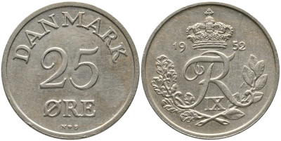 Дания 25 эре 1952 N; S, Фредерик IX (1947-1972) KM 842 медно-никель 28-1115