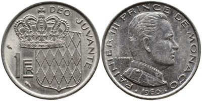 Монако 1 франк 1960 Ренье III (1949-2005) KM 140 никель 4393-1257