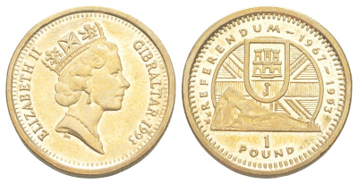 Гибралтар 1 фунт 1993 Референдум 1967 года KM 191 никель латунь UNC 1531-345