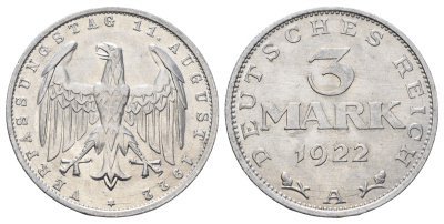 Германия 3 марки 1922 A, 3-я годовщина Веймарской конституции KM 29 алюминий UNC 4654-436