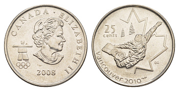 Канада 25 центов 2008 XXI зимние Олимпийские Игры, Ванкувер 2010 - Сноуборд KM 768 сталь плакированная никелем UNC 4637-943