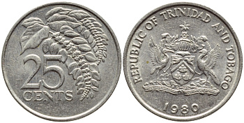 Тринидад и Тобаго 25 центов 1980 цветок дикая пуансеттия KM 32 медно-никель 4396-757