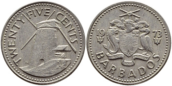 Барбадос 25 центов 1973 ветряная мельница Моргана Льюиса KM 13 медно-никель 4398-321