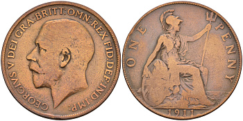 Великобритания 1 пенни 1911 Георг V (1910-1936) KM 810, Spink 4051 бронза 4590-1143