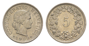 Швейцария 5 раппенов 1969 B KM 26 медно-никель 4611-936