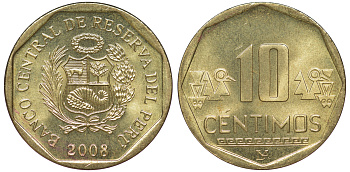 Перу 10 сентимо 2008 KM 305.4 латунь aUNC 4605-542