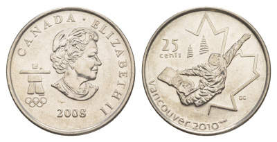 Канада 25 центов 2008 XXI зимние Олимпийские Игры, Ванкувер 2010 - Сноуборд KM 768 сталь плакированная никелем UNC 4637-943
