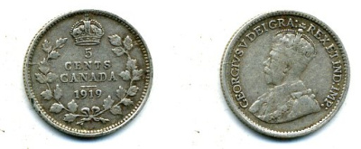 КАНАДА 5 ЦЕНТОВ 1919 ГЕОРГ V серебро 46-935