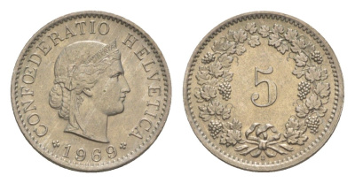 Швейцария 5 раппенов 1969 B KM 26 медно-никель 4611-936