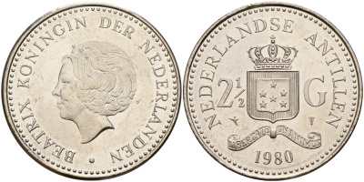 Нидерландские Антилы 2 1/2 гульдена 1980 Беатрикс (1980-2013) KM 19 никель UNC 4179-324
