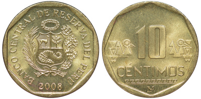 Перу 10 сентимо 2008 KM 305.4 латунь aUNC 4605-542