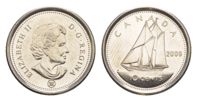 Канада 10 центов 2009 Leaf, Елизавета II (1952-2022), парусник KM 492 сталь плакированная никелем UNC 4636-649