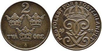 Швеция 2 эре 1921 Густав V (1907-1950) KM 778 бронза 80-531