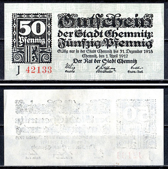 Хемниц (Саксония) 50 пфеннигов 1917 Mehl Grabowski C12.1J бумага UNC (пресс) 7556-70-3-2